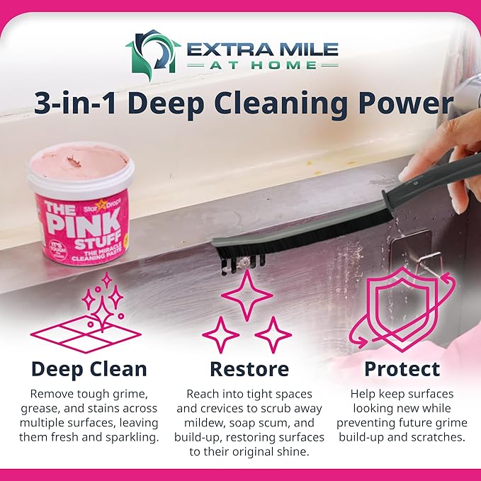Miracle Cleaning Paste & Brush Bundle – Pink Stuff + Flexible Scrub Brush for Grout, Tile, Kitchen, and Bathroom Deep Cleaning