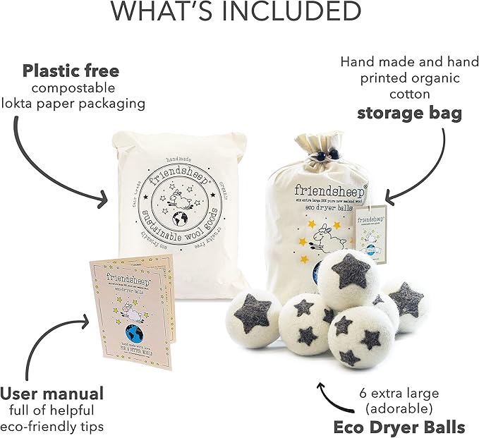 Friendsheep Wool Dryer Balls 6 Pack XL Organic Premium Reusable Cruelty Free Handmade Fair Trade No Lint Fabric Softener Star - Stars Galore