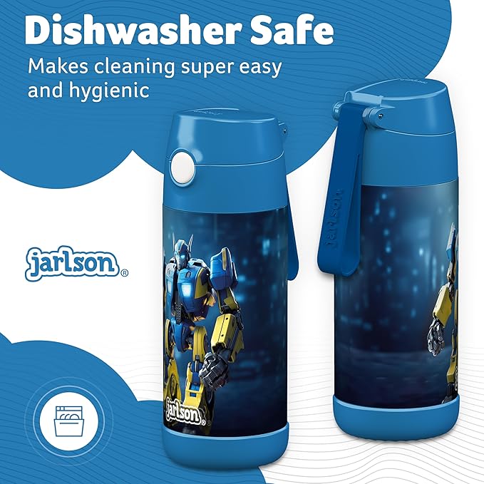 Jarlson® Charli Children's Stainless Steel Drinking Bottle with Straw - Thermos Flask 350 ml - TÜV Tested - BPA Free - Leak-Proof - Thermal Water Bottle for School, Nursery (Robot 'Neo')