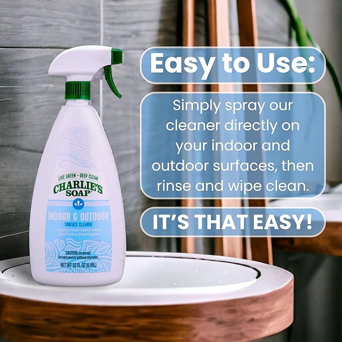 Charlie's Soap Indoor & Outdoor Surface Cleaner Refill (107 Fl. Oz.) Biodegradable Natural Outdoor Cleaning Spray – Safe for Indoor Use (2 Pack - One 32oz Sprayer and One 75oz Refill)