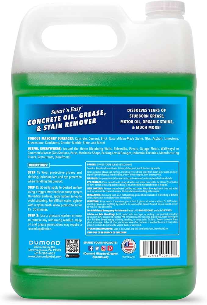 Dumond Smart 'n Easy Concrete Oil, Grease & Stain Remover, Cleans Grime, Dirt & Petroleum-Based Messes from Porous Masonry Surfaces, Garage Floors, Sidewalks, Driveways & More, 1 Gallon Refill