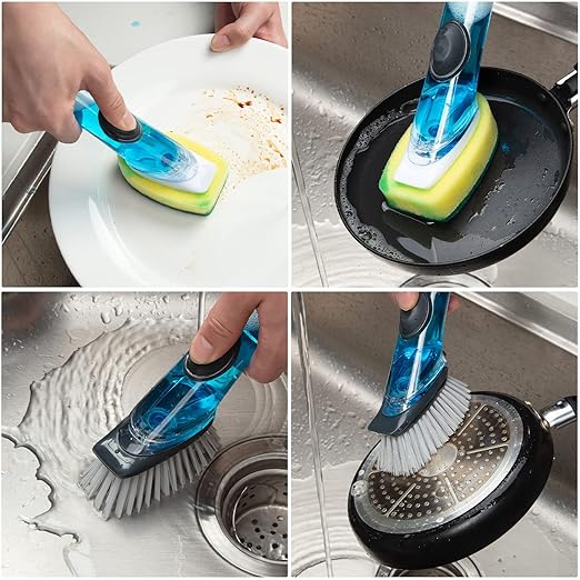 Soap Dispensing Dish Brush Set, Kitchen Brush with 4 Brush Replacement Heads, 2 Adhesive Hooks, Dish Wand Scrub Brush for Dishes Sink Pot Pan Cleaning