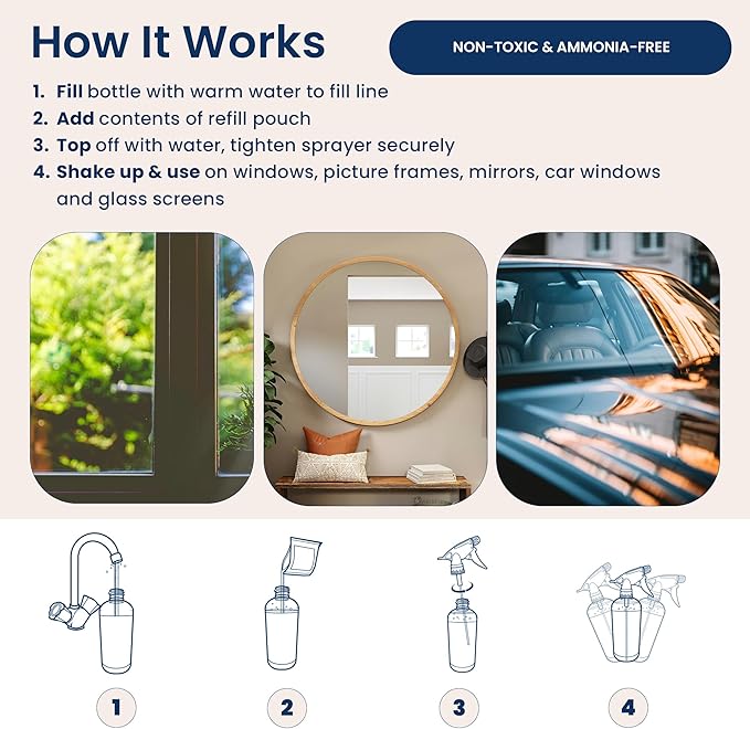 Natural Glass Cleaner Spray- Removes Dirt & Debris for Sparkling Clean Windows & Glass Surfaces at Home, Office & Garage, Includes: 1 Refillable Empty Bottle (16oz) & 2 Refills (3oz ea)