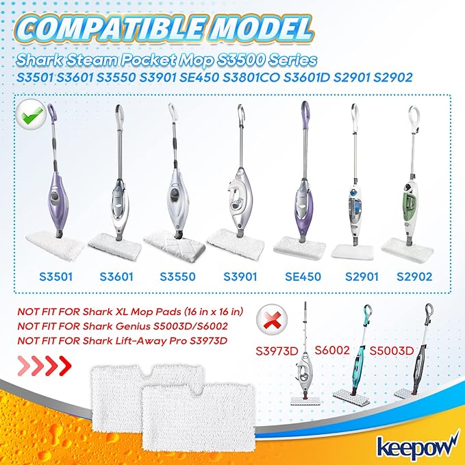 KEEPOW Steam Mop Replacement Pads Compatible with Shark S3500 Series S3501 S3601 S3550 S3901 SE450 S3801CO S3601D S2901Steamer Pocket Mop Washable Microfiber for All Hard Floors Cleaner (5 White)