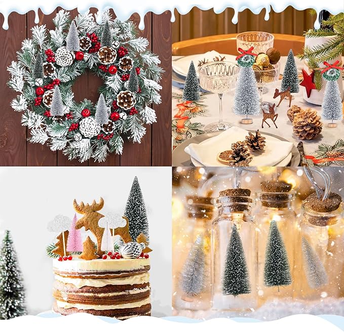 Waipfaru Christmas Village Accessories, 30 Pcs Christmas Village Display Platforms with Snowman, Mini Bottle Brush Christmas Trees, Miniature Small Pine Trees for Xmas Table Winter Decor