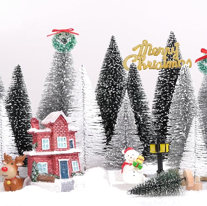 Waipfaru Christmas Table Decor, Bottle Brush Christmas Trees, 21 Pcs White Mini Christmas Trees, Farmhouse Pine Trees for Xmas Tabletop Crafts Indoor Home Decorations (Sliver & White)