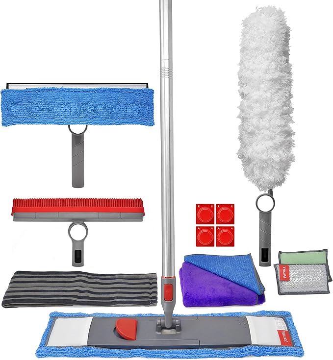 Ultimate Cleaning System Kit - Wet Flat Floor Mop, Rubber Brush, Microfiber Duster, Window Cleaner w/ Squeegee, 2 Microfiber Cloths and 2 Dish Sponges