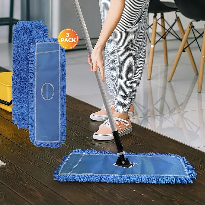 24 Inch Dust Mop Head: Replacement Medium Washable Commercial Mop Head Sweeper and Janitorial Replacement Blue (Blue - 24 Inch, 3 Pack)