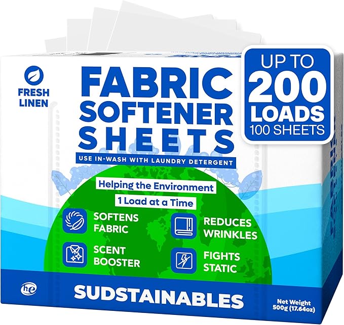 Fabric Softener Sheets for Washer – Eco-Friendly Laundry Softener Sheets for Washing Machines, Scented (200 loads)