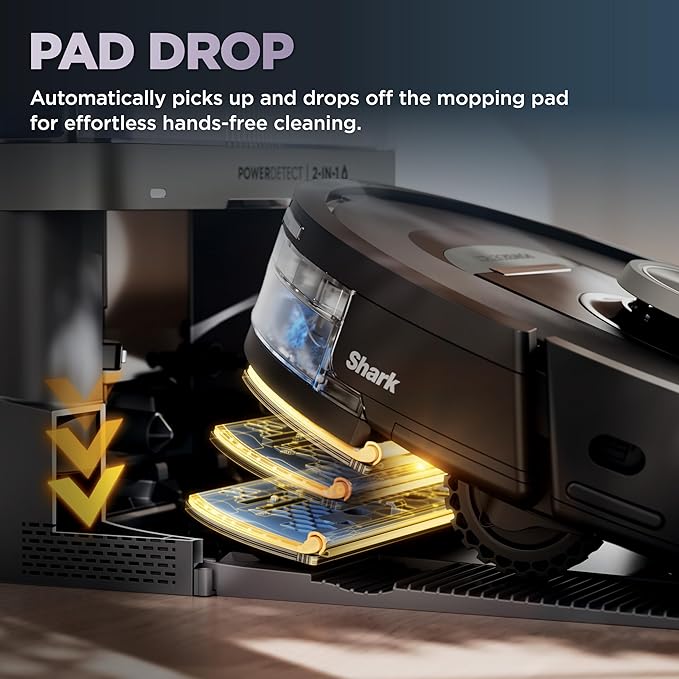 Shark PowerDetect NeverTouch, Self-Empty & Self-Refill, Robot Vacuum and Mop with Bagless, 30-Day Debris Capacity HEPA Base, 30-Day Capacity Refill Tank, Pad Dry, Black, AV2810YS