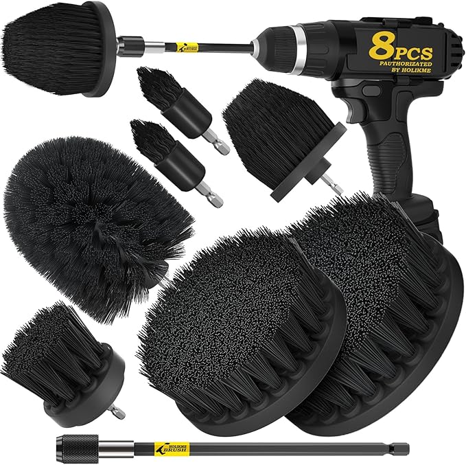 Holikme 8 Piece Drill Brush Attachments Set, Power Scrubber Brush with Extend Long Attachment,Cleaning Supplies,Scrub,Shower Scrubber,Bathtub, Bathroom, Kitchen(Black)