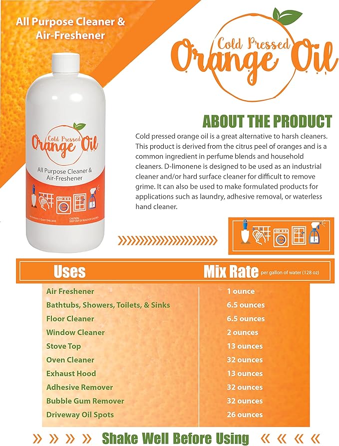 Premium Cold Pressed Orange Oil Concentrate- 32 oz (D-Limonene), Concentrated All-Natural Cold Pressed Orange Oil - Professional Grade All-Purpose Citrus Cleaner and Degreaser