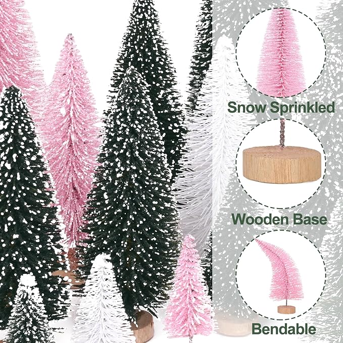 Waipfaru Pink Christmas Decorations, Mini Bottle Brush Christmas Trees, 21 Pcs Miniature Small Pine Trees for Xmas Tabletop Crafts Indoor Table Home Decor (Pink & White)