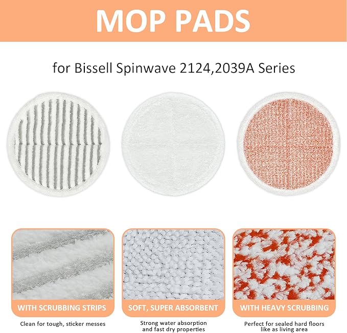 8 Pack Mop Pads Replacement Compatible with Bissell Spinwave Mop 2124 2039 2037 2039A Series, Mop Pads for Bissell Spinwave Hard Floor Mop (2 Heavy Scrub Pads, 2 Soft Pads, 4 Scrubby Pads)