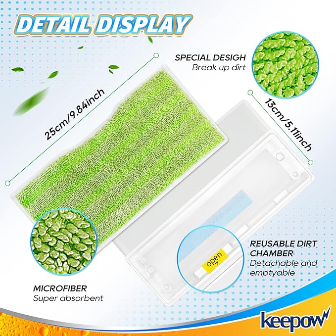 KEEPOW Reusable Mop Replacement Pads Refills Compatible with Shark Vacmop VM252 VM200 VC205 VM250, Reusable Wet and Dry mop Pads for Hardwood Floor Cleaning, Green, 6 Pack