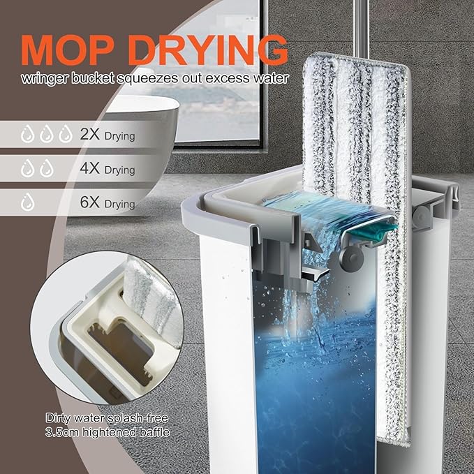 Mop and Bucket Set for Home, Hands-Free White Flat Squeeze Mop and Bucket System,Floor/Wall Cleaner with Long Handle, Wet/Dry Use (Mop and Buckets Set with 6 Pads)