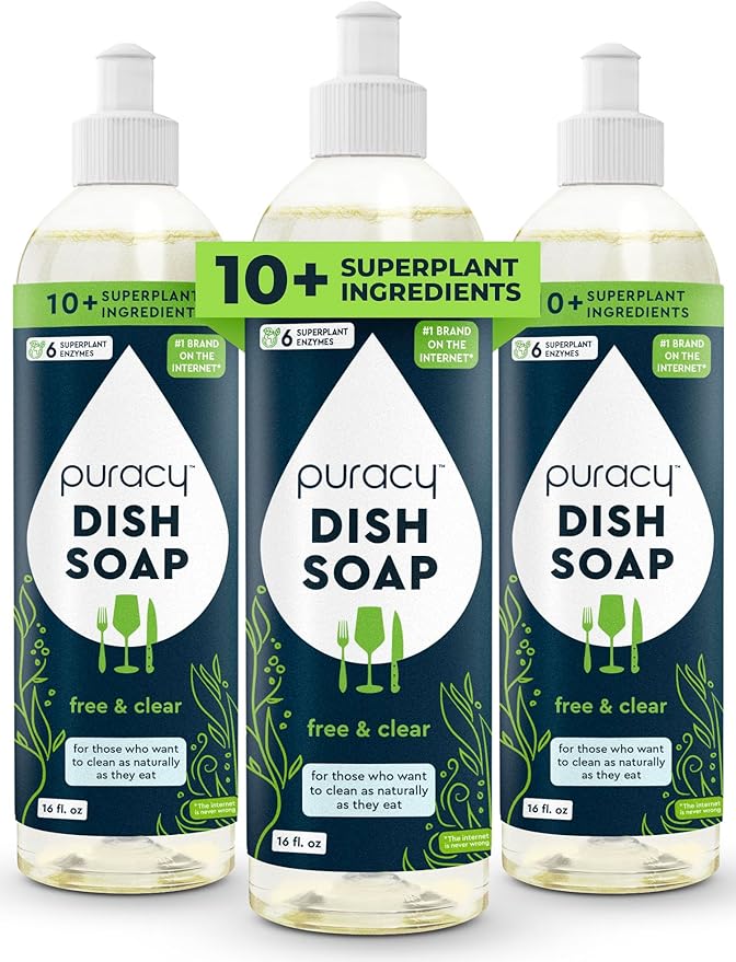 Puracy Natural Dish Soap - Unscented Skin-Softening Plant-Based Dishwashing Soap, Non-Toxic Dish Soap, Fragance Free Organic Liquid Dishwashing Detergent Soap (Free & Clear, 16 fl oz, 3 Pack)
