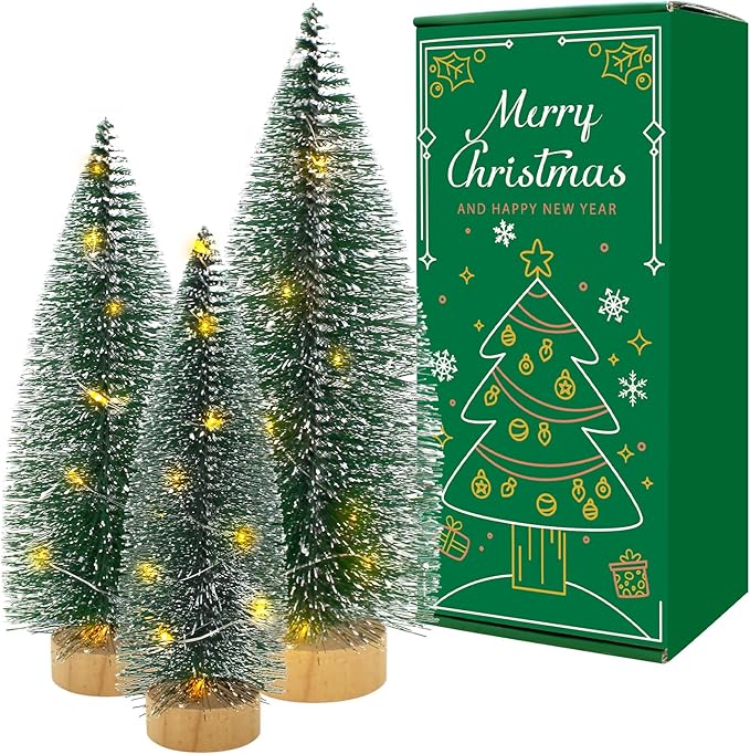 3 PCS Mini Bottle Brush Christmas Trees with Lights, Miniature Tabletop Christmas Tree for Christmas Decorations Indoor, Desktop Pine Tree Xmas Holiday Decor