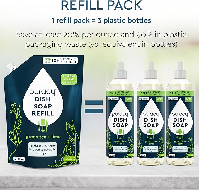 Puracy Natural Dish Soap - Skin-Softening Plant-Based Dishwashing Soap, Non-Toxic Dish Soap, Organic Liquid Dishwashing Detergent Soap (Green Tea & Lime, 16 fl oz, 3 Pack)