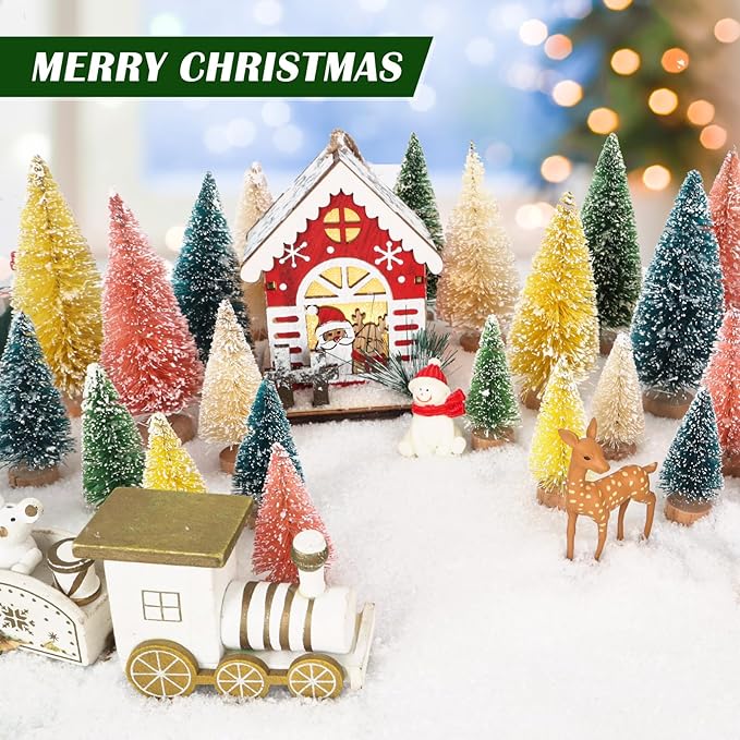 Christmas Decorations Mini Christmas Tree 35pcs,Mini Miniature Christmas Pine Tree Bottle Brush Trees Wooden Bases Tree for Your Village Desktop Xmas Holiday Party (Pink,Yellow,Blue,Green,Beige)