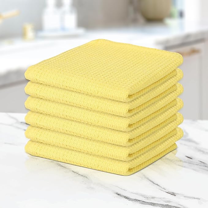 100% Cotton Waffle Dish Cloths (Pack of 6) - Dish Rags for Washing Dishes - Reusable & Highly Absorbent Kitchen Towels - Multipurpose Kitchen Rags - (12" x 12" - Lemon Yellow)