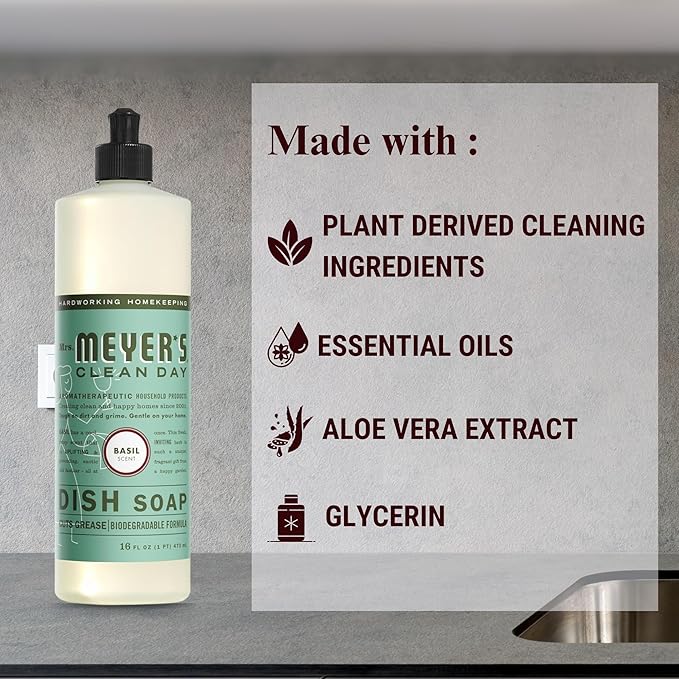Mrs. Meyer's Basil Dish Soap Set - 16oz Bottle, 48oz Refill, and Dual-Sided Microfiber & Scrubbing Towel