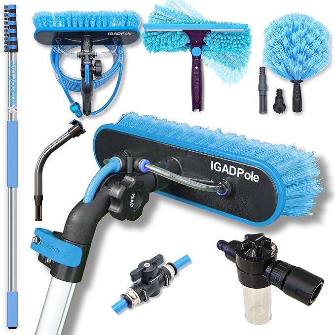34ft IGADPole Washing Kit: Water-fed Brush, Cobweb Duster and 10” Squeegee and Soap Dispenser, with 6-Stage Telescoping Pole 5.5-27ft Pole and & 1ft Curved Extension