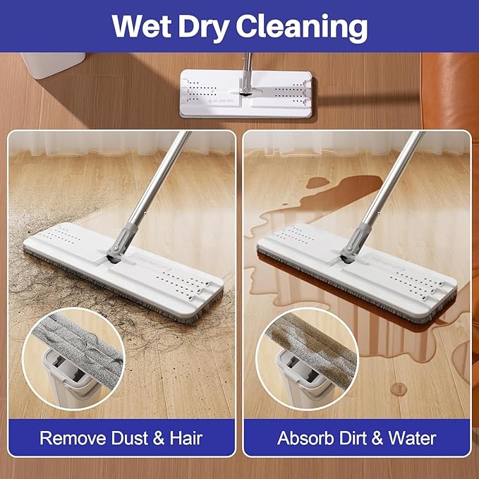 Mop and Bucket with Wringer Set for Home, Hands Free Flat Floor Mop and Bucket, with Washable Microfiber Pads, Wet and Dry Use,Mops for Floor Cleaning(Pack of 1)