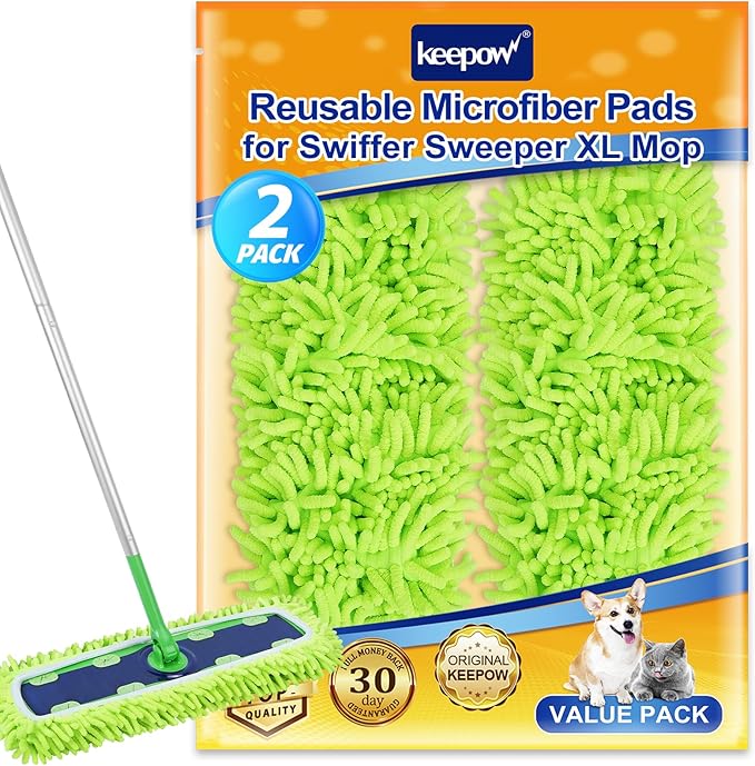KEEPOW Reusable XL Mop Pads Compatible with Swiffer XL Sweeper, X-Large Dry Sweeping Cloths & Wet Mopping Cloths, Washable Microfiber XL Wet Pads Refills for Surface/Hardwood Floor Cleaning, 2 Pack