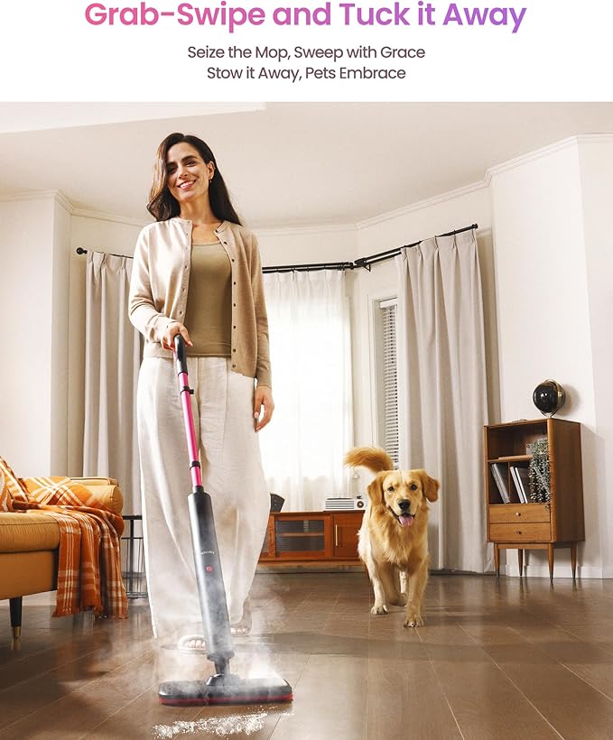 Schenley Steam Mop Cleaner Powerful - 15s Fast Heat-Up, Chemical-Free for Hardwood/Tile/Laminate & Floors/Walls, Washable Pads, 3 Modes for Carpet, Lightweight, Self-Standing, Sleek Design