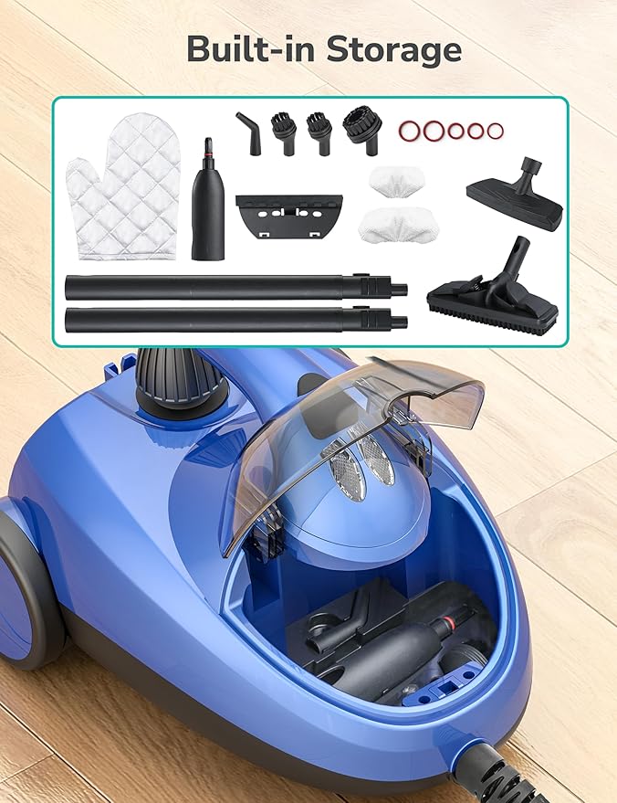 Steam Cleaner with 21 Accessories, 5 Minutes Fast Heating, Multipurpose Portable Canister Steamer for Floors, Carpet, Cars, Tiles, Grout Cleaning, Chemical-free, 1.5L Capacity