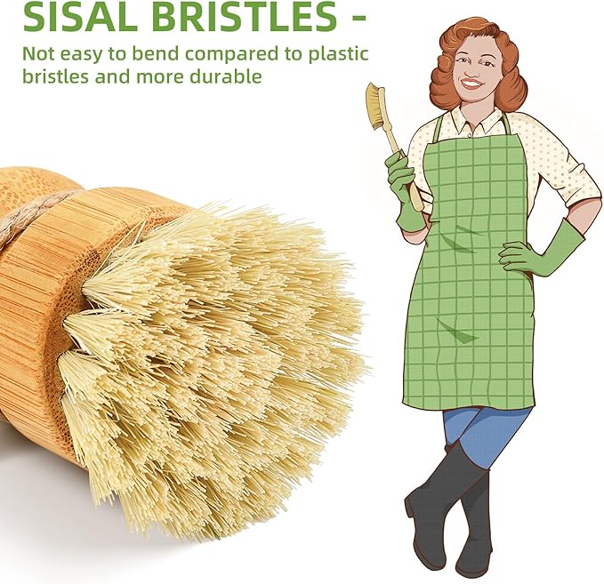 SUBEKYU Bamboo Dish Scrub Brushes, Bubble Up Bamboo Dish Brush Set with Brush Tray, Kitchen Wooden Cleaning Scrubbers Set for Washing Cast Iron Pan/Pot, Natural Sisal +Coconut Palbristles, Set of 2