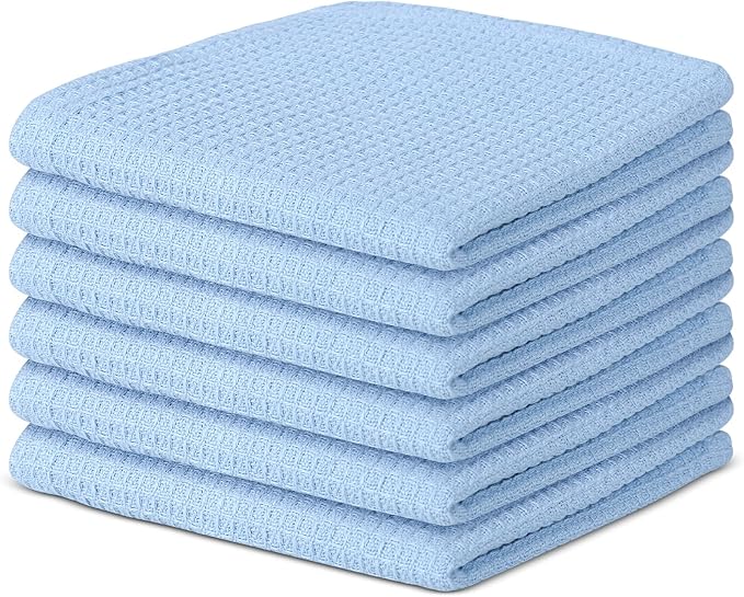 100% Cotton Waffle Dish Cloths (Pack of 6) - Dish Rags for Washing Dishes - Reusable & Highly Absorbent Kitchen Towels - Multipurpose Kitchen Rags - (12" x 12" - Light Blue)