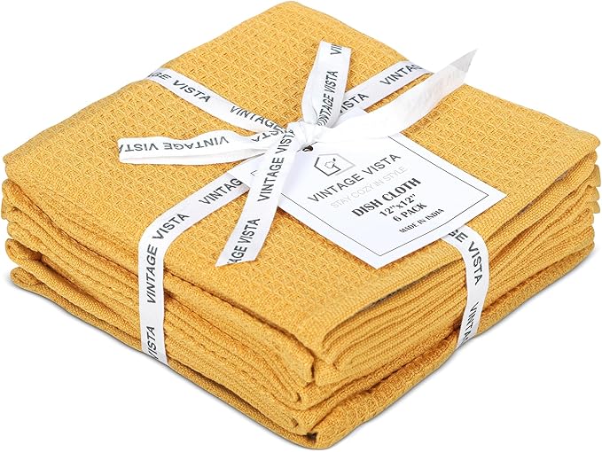 100% Cotton Waffle Dish Cloths (Pack of 6) - Dish Rags for Washing Dishes - Reusable & Highly Absorbent Kitchen Towels - Multipurpose Kitchen Rags - (12" x 12" - Yellow)