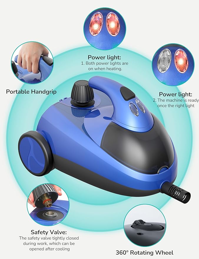 Steam Cleaner with 21 Accessories, 5 Minutes Fast Heating, Multipurpose Portable Canister Steamer for Floors, Carpet, Cars, Tiles, Grout Cleaning, Chemical-free, 1.5L Capacity