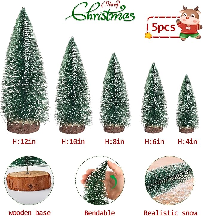 Artificial mini Bottle Brush Christmas Trees for Christmas Decoration Table top Christmas Tree with Base Indoor Christmas Decorations (4/6/8/10/12 inch)