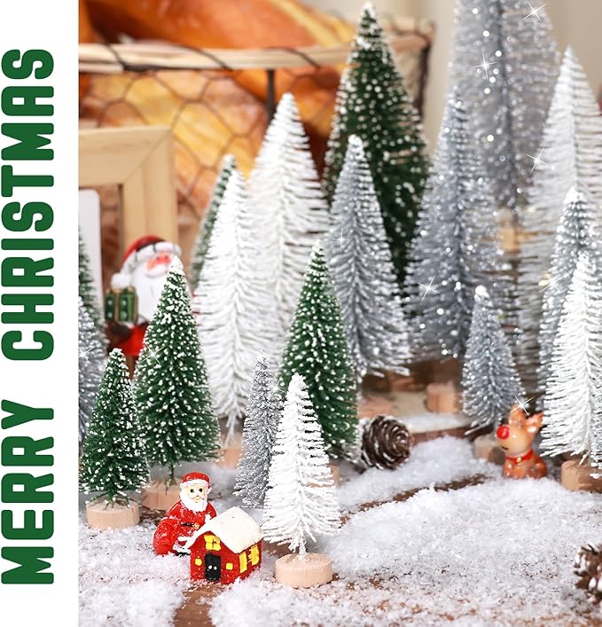 Set of 35PCS Mini Christmas Tree, Christmas Pine Cones, 2oz Fake Snow Powder, Mixed Christmas Decoration, Xmas Village Displays Winter DIY Crafts (Green-Silver-White)