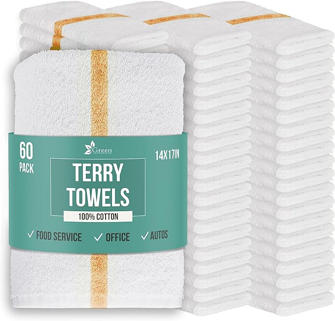 GREEN LIFESTYLE Blue & Orange Striped Terry Towels, White Rags, Bar Towels, 100% Cotton Absorbent and Durable, Multipurpose Cleaning Rags, Kitchen Rags (14”x17”, Pack of 60)