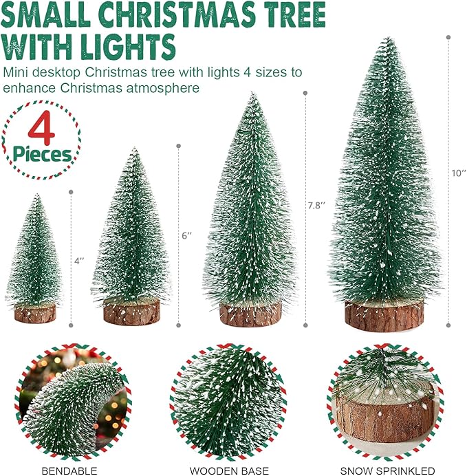 4pcs Mini Christmas Trees Christmas Decor, Artificial Christmas Mini Bottle Brush Trees Tabletop, Christmas Decoration Trees with 4 Size Xmas Holiday Decor (4pcs Green Tree with Lights)