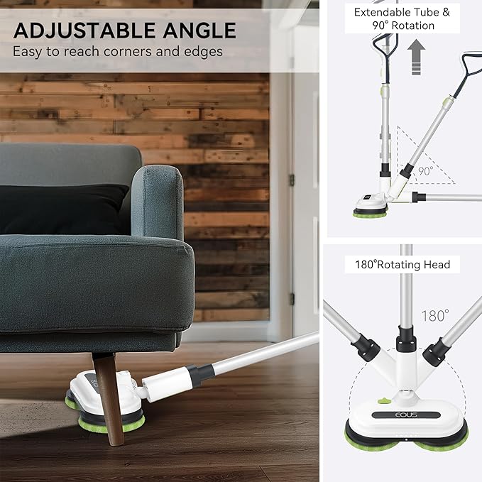 EOUS Cordless Electric Mop, Electric Mops for Floor Cleaning, Powerful Spin Mop with LED Headlight, Water Spray, Up to 60 mins Floor Scrubber with 300ml Water Tank, Detachable Battery, Multi-Surface