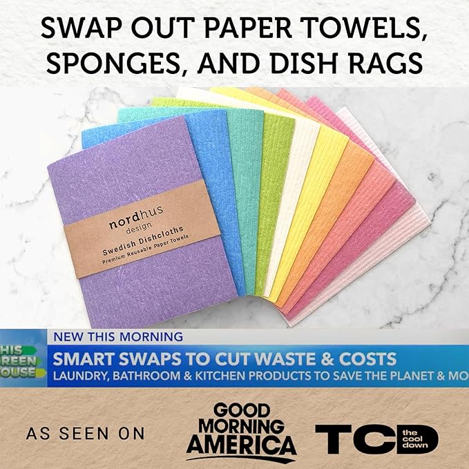 Nordhus Design Swedish Dishcloths, Multi Colors, 10-Pack, Reusable, Washable Cellulose Cotton Kitchen Cloths - Replace Paper Towels, Wipes, Sponges, Dish Rags