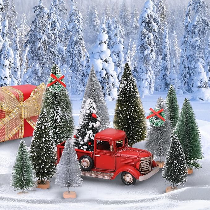 Waipfaru Christmas Decorations, Bottle Brush Christmas Trees, 21 Pcs Mini Christmas Tree Table Decor, Miniature Pine Trees for Xmas Tabletop Crafts Indoor Decor (Green & Sliver)