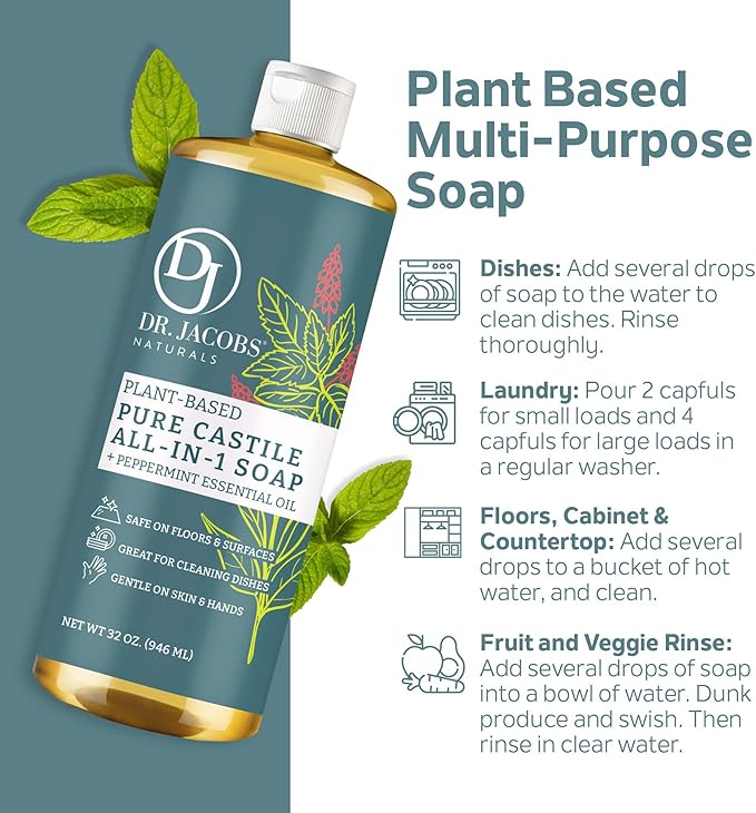Dr. Jacobs Naturals Peppermint Castile Soap All-Purpose Cleaner, Effective Plant-Based Formula for House Cleaning. Eco-friendly for Home Essentials and the Planet (32 Fl Oz, 1 Pack)