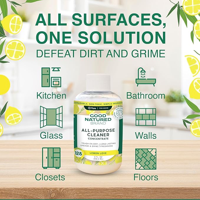 Good Natured Brand All-Purpose Cleaner Concentrate | Multi-Surface Cleaner | Natural Lemon Essential Oil | Multipurpose Cleaner Concentrate All Surfaces | Lemon Love | 8oz makes 128oz