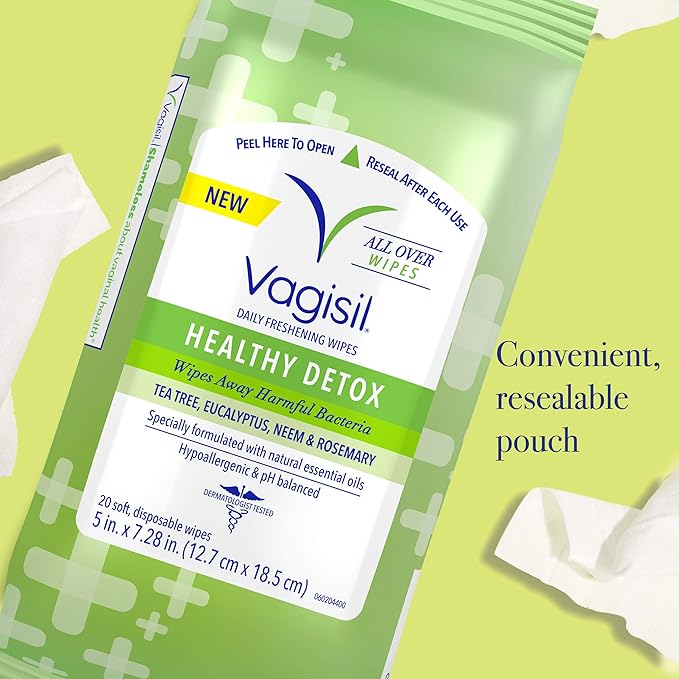 Vagisil Wipes for All Over Cleaning, Health Detox, Formulated with Essential Oils, 20 Wipes in a Re-Sealable Pouch (Pack of 3)