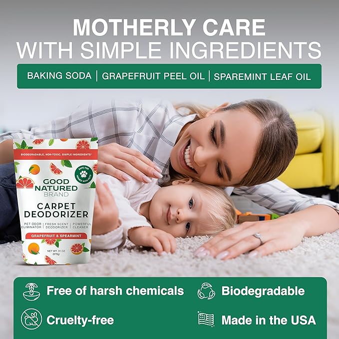 Good Natured Brand | Carpet Deodorizer & Freshener Powder | 31 oz Pet Odor Eliminator for Strong Odor & Pet Urine | Fresh Natural Grapefruit & Spearmint Scent | Safe for Homes with Pets