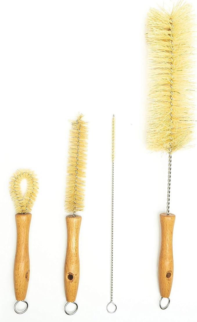 All Natural Bottle Brush and Straw Set (NO Plastic) Sisal Bristles and Wood Handle Bottle Cleaners for Washing Narrow Beer Bottles, Sports/Water Bottles, Tumbler, Kettles, Lid Brush, Long Straw Brush