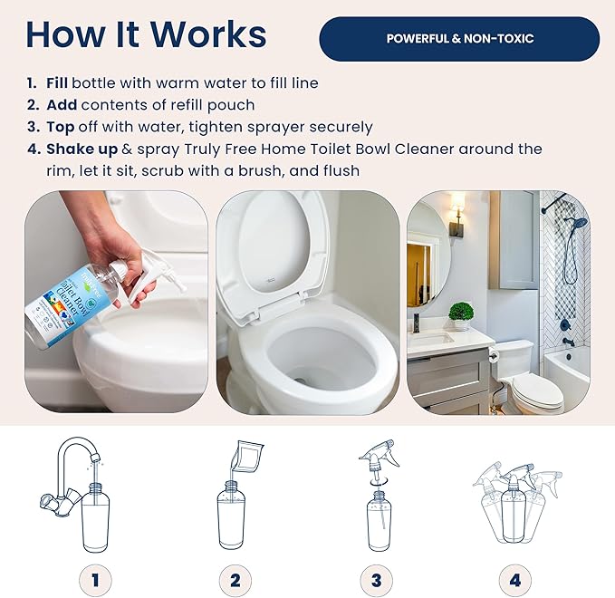 Toilet Bowl Cleaner - Heavy-Duty Stain Remover - Septic Safe, Plant-Based Formula - Fresh Peppermint Scent - 1 Refill (3oz) with Empty Refillable Bottle