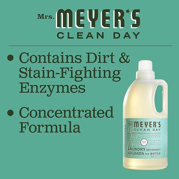 MRS. MEYER'S CLEAN DAY Liquid Laundry Detergent, Biodegradable Formula Infused with Essential Oils, Basil, 64 oz (64 Loads)