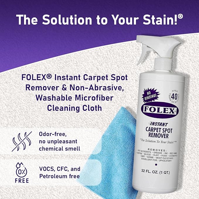 Plexon Microfiber Cleaning Cloth and Carpet brush with Instant Spot Remover Spray 32 Fl Oz and 128 Fl oz (1 Gallon) refill for Folex Carpet Spot Remover